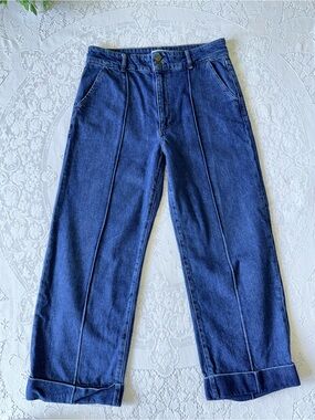 FRAME 70s Seamed Cuffed Crop Straight Leg Jeans Lago Di Como 30 medium dark blue